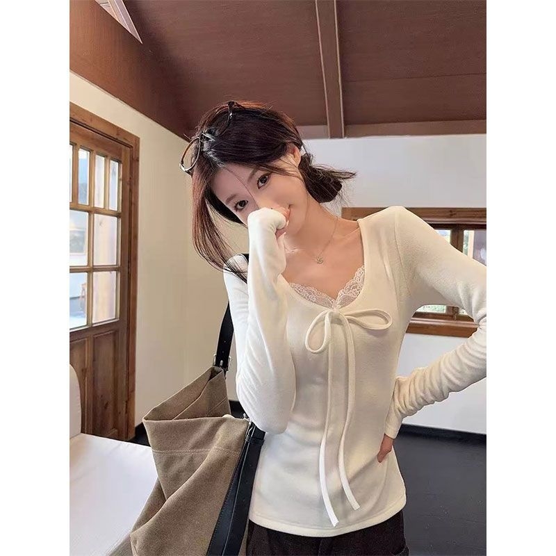 Pikkade varrukatega T-särk (V-kaelus, kits lõige, ühetooniline muster)