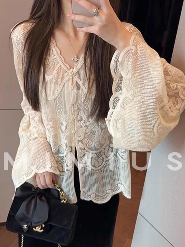 Naiste pitsiline V-kaelusega topp, avatud lõikekas muster, pikad varrukad, normaalne pikkus, triikimata