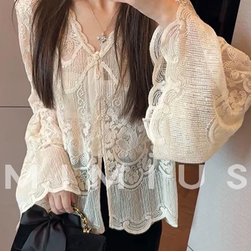 Naiste pitsiline V-kaelusega topp, avatud lõikekas muster, pikad varrukad, normaalne pikkus, triikimata