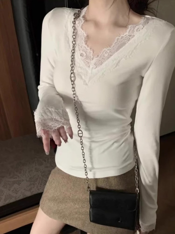 Igapäevane polüester T-särk V-kaelusega, pikkade varrukatega