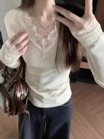 Igapäevane polüester T-särk V-kaelusega, pikkade varrukatega