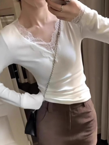 Igapäevane polüester T-särk V-kaelusega, pikkade varrukatega