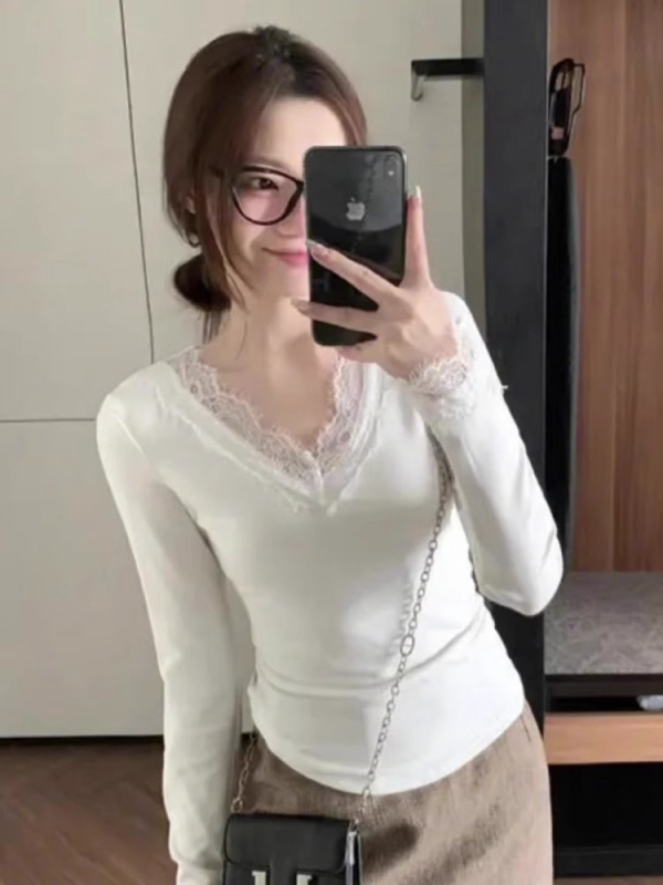 Igapäevane polüester T-särk V-kaelusega, pikkade varrukatega