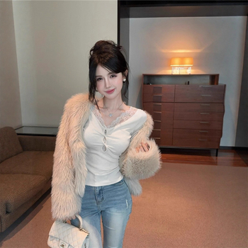 Naiste V-kaelusega pitsiline T-särk, õõnsate detailide ja paneelidega, pikkade varrukatega, kitsas lõige puuvillase-elastaani segust