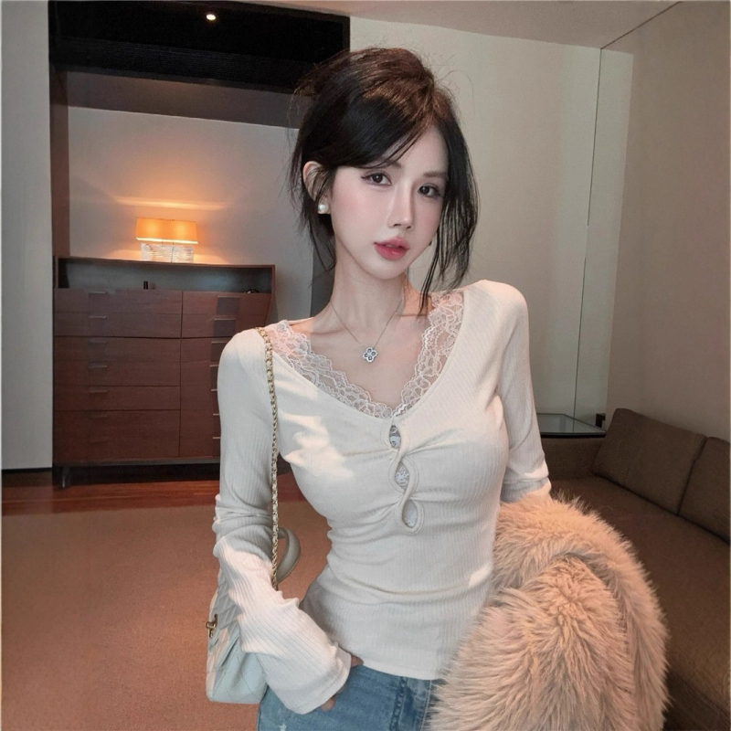 Naiste V-kaelusega pitsiline T-särk, õõnsate detailide ja paneelidega, pikkade varrukatega, kitsas lõige puuvillase-elastaani segust