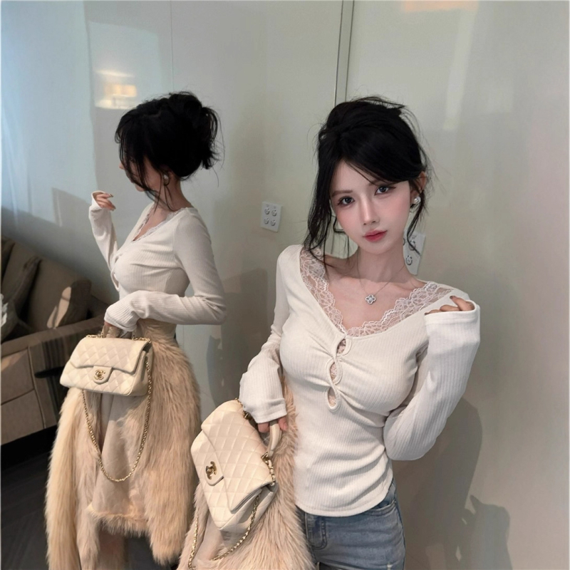 Naiste V-kaelusega pitsiline T-särk, õõnsate detailide ja paneelidega, pikkade varrukatega, kitsas lõige puuvillase-elastaani segust