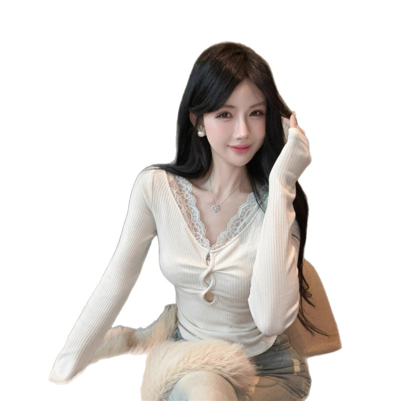 Naiste V-kaelusega pitsiline T-särk, õõnsate detailide ja paneelidega, pikkade varrukatega, kitsas lõige puuvillase-elastaani segust