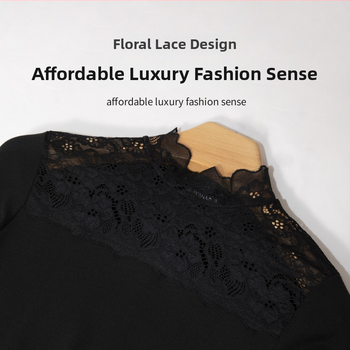 Naise Modal aluskiht fliisvooderiga, kõrge kaelus, lilleline pitsmuster