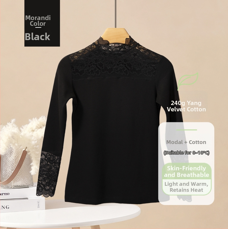 Naise Modal aluskiht fliisvooderiga, kõrge kaelus, lilleline pitsmuster