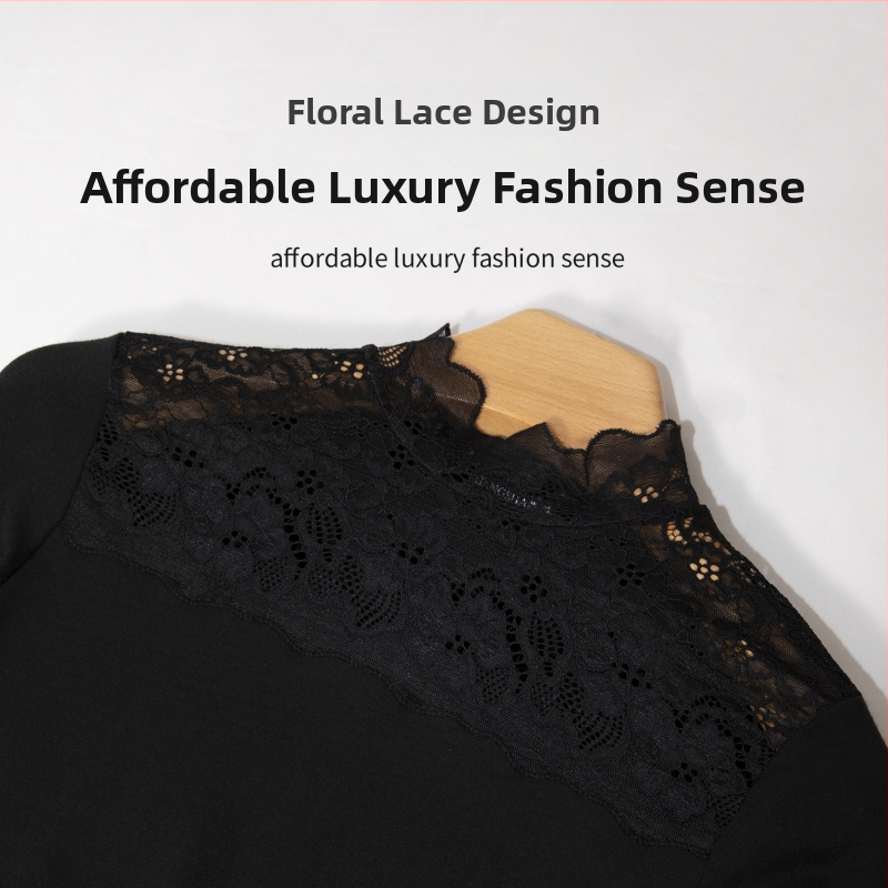 Naise Modal aluskiht fliisvooderiga, kõrge kaelus, lilleline pitsmuster