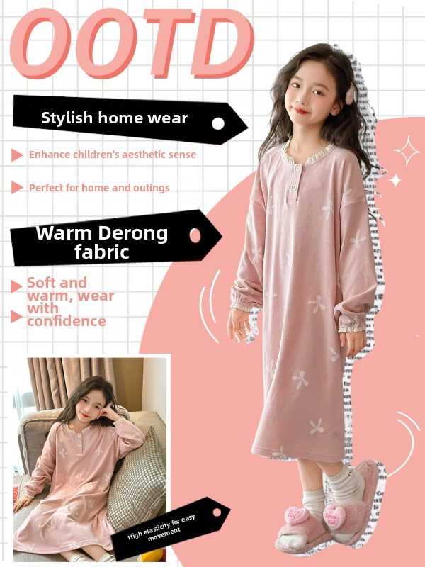 Meitenēm garām piedurknēm naktskleita no Derong samta, bieza poliestera maisījums 90% poliestera + 10% spandeksa, anti-statiska un siltā, bērniem no 8 gadu vecuma, pavasaris, rudens un ziema