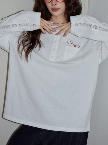 Tikitud pitsiga T-särk ümmarguse kaelusega, pikad varrukad, vaba lõige