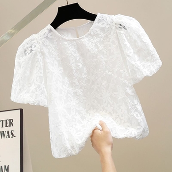 Puuvillane pitsiline topp saialille õmblusega, mullvarrukad, ümmargune kaelus, kitsas lõige