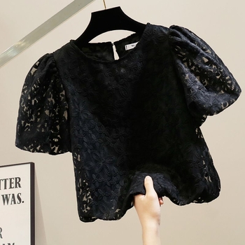 Puuvillane pitsiline topp saialille õmblusega, mullvarrukad, ümmargune kaelus, kitsas lõige