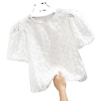 Puuvillane pitsiline topp saialille õmblusega, mullvarrukad, ümmargune kaelus, kitsas lõige