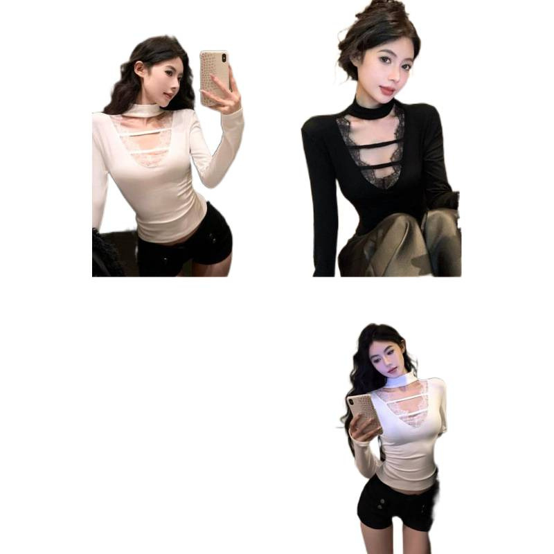 T-särk V-kaelusega, pikkade varrukatega, slim fit (puuvillane kangas; pitsi detailid)