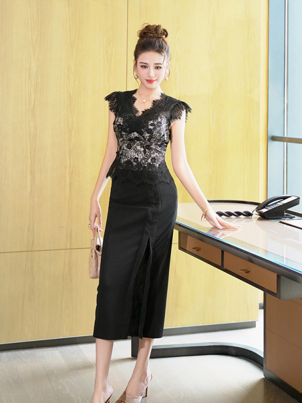 Läike pitsilise lillelise võrkkangaga T-särk V-kaelusega, kitsas lõige, 95% polüester ja spandeks, Feifei varrukad