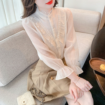 Printsess pluus stand-up kaelaga ja kellukujuliste varrukatega, 95% polüester, ühetooniline