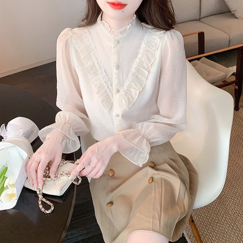 Printsess pluus stand-up kaelaga ja kellukujuliste varrukatega, 95% polüester, ühetooniline