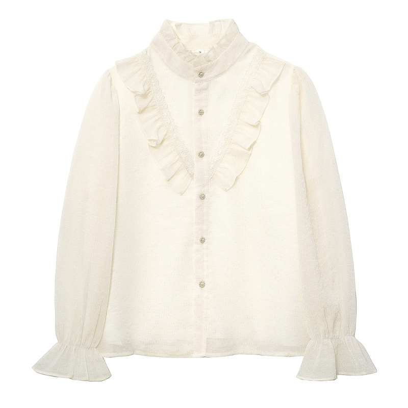 Printsess pluus stand-up kaelaga ja kellukujuliste varrukatega, 95% polüester, ühetooniline