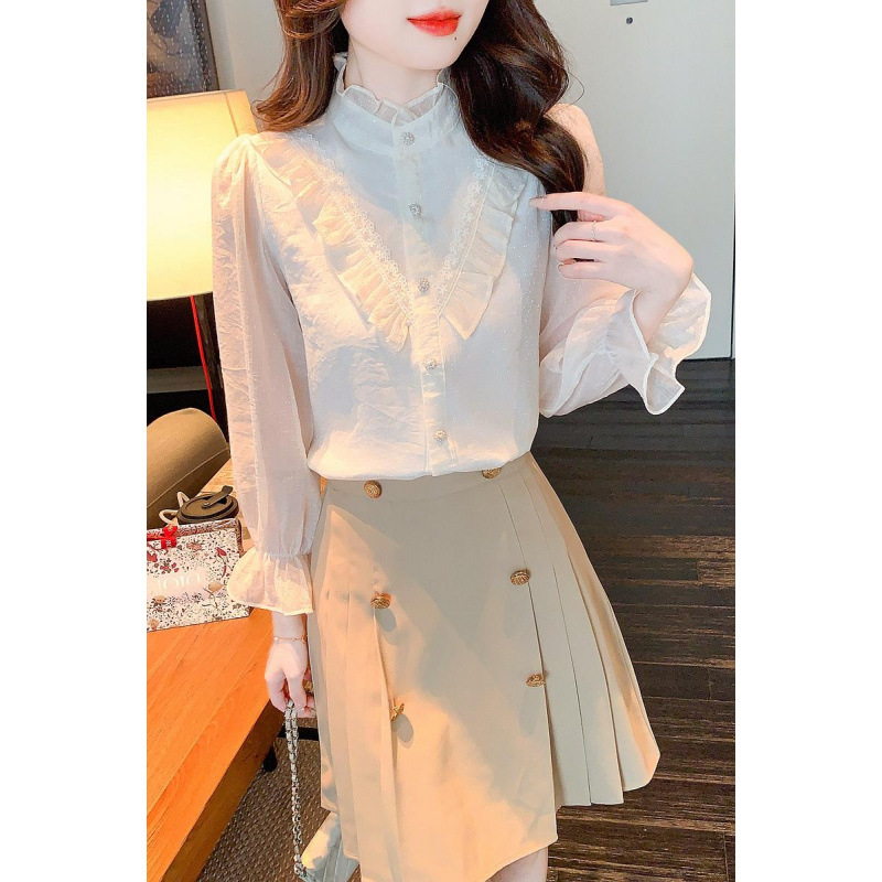 Printsess pluus stand-up kaelaga ja kellukujuliste varrukatega, 95% polüester, ühetooniline