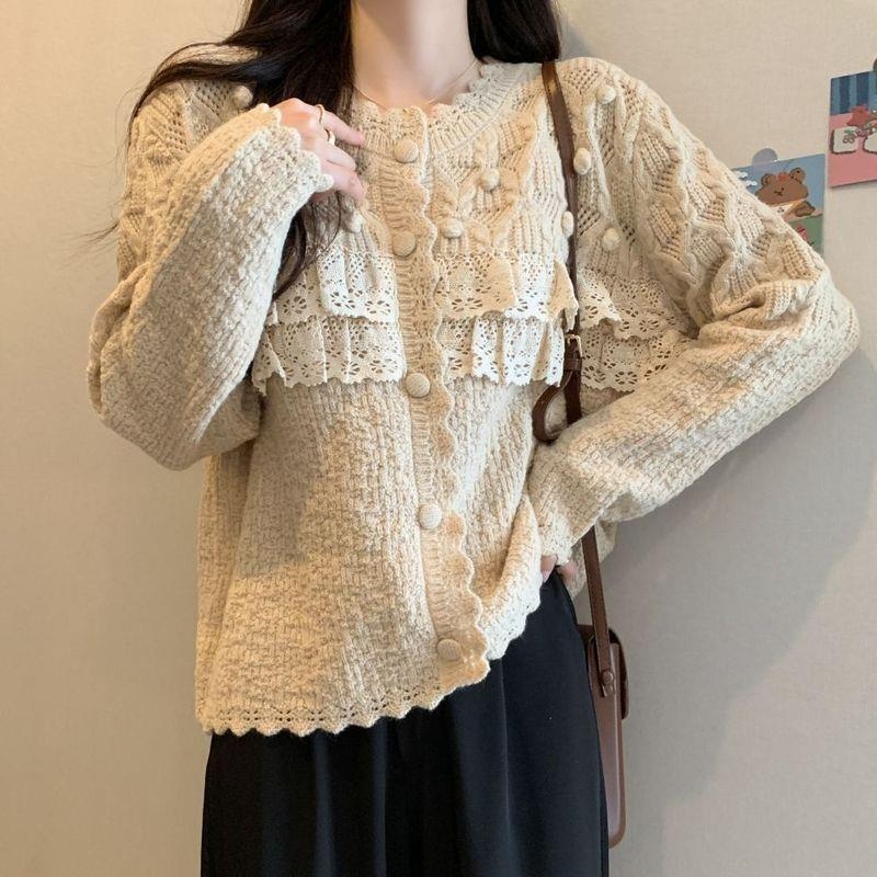 Naistele mõeldud pitspaneelidega džempr kardigan, prantsuse stiili kudumine, ilma varrukateta, ümmarguse kaelusega, kerge väline riietus sügisel-talvel, 2025 kevadväljaanne