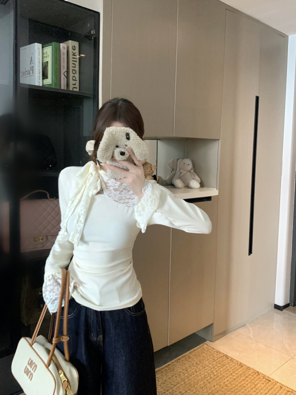 Lace crochet pikkade varrukatega T-särk, spandeksa audus, kapuuts, tavaline pikkus