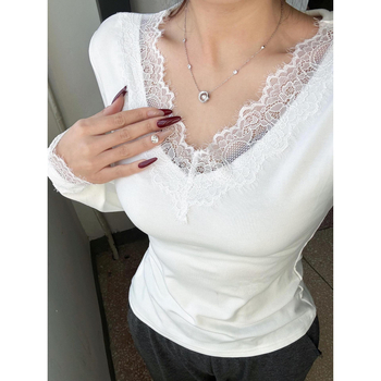 Naistele V-kaelusega pitsiline top, pikkade varrukatega, Korea stiil, polüester – Talv 2025