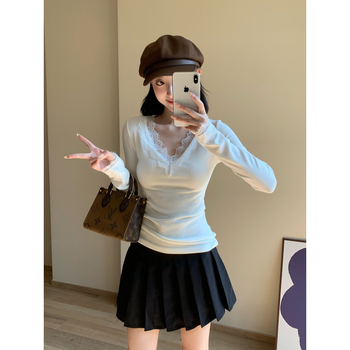 Naistele V-kaelusega pitsiline top, pikkade varrukatega, Korea stiil, polüester – Talv 2025