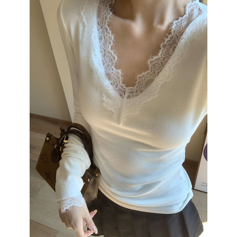 Naistele V-kaelusega pitsiline top, pikkade varrukatega, Korea stiil, polüester – Talv 2025