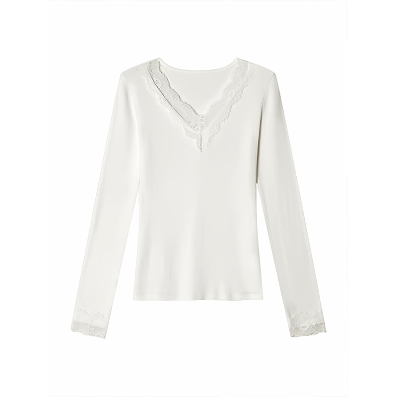 Naistele V-kaelusega pitsiline top, pikkade varrukatega, Korea stiil, polüester – Talv 2025