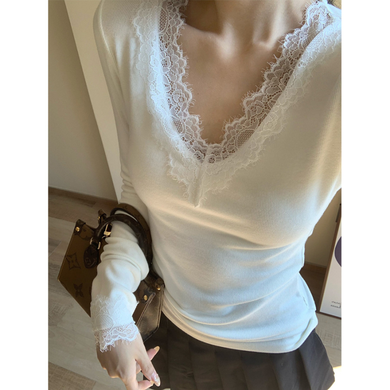 Naistele V-kaelusega pitsiline top, pikkade varrukatega, Korea stiil, polüester – Talv 2025