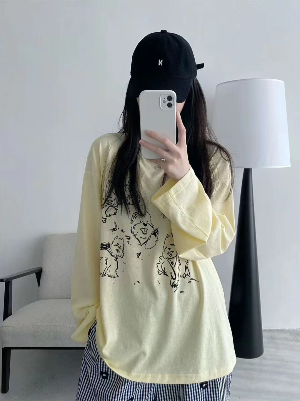 Naiste topp graffiti trükiga, vaba lõige, pikad varrukad, chenille kangas spandexi seguga alla 30%, UPF30+ päikesekaitse