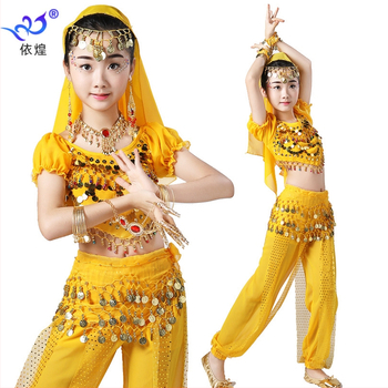 Laste lavakostüüm Belly Dance jaoks — šifoonist komplekt lühikeste käistega, 100% polüester; sobib Belly Dance, festivalide esinemisteks, India ja Xinjiangi tantsude jaoks; kuni 17-aastased; suvi 2024.