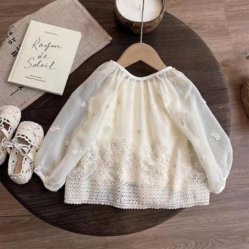 Tüdrukute suvine kardigan-jakk, Korea stiilis, puuvillane pitsiõmblusega lillemotiiviga, pikad varrukad, ümmargune kaelus, ühe nupu sulgemine, 3–8-aastastele