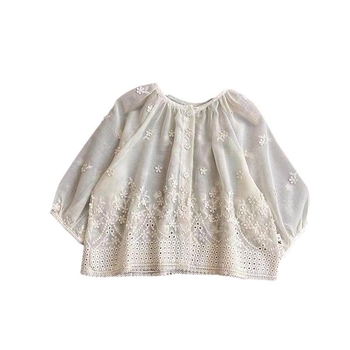 Tüdrukute suvine kardigan-jakk, Korea stiilis, puuvillane pitsiõmblusega lillemotiiviga, pikad varrukad, ümmargune kaelus, ühe nupu sulgemine, 3–8-aastastele