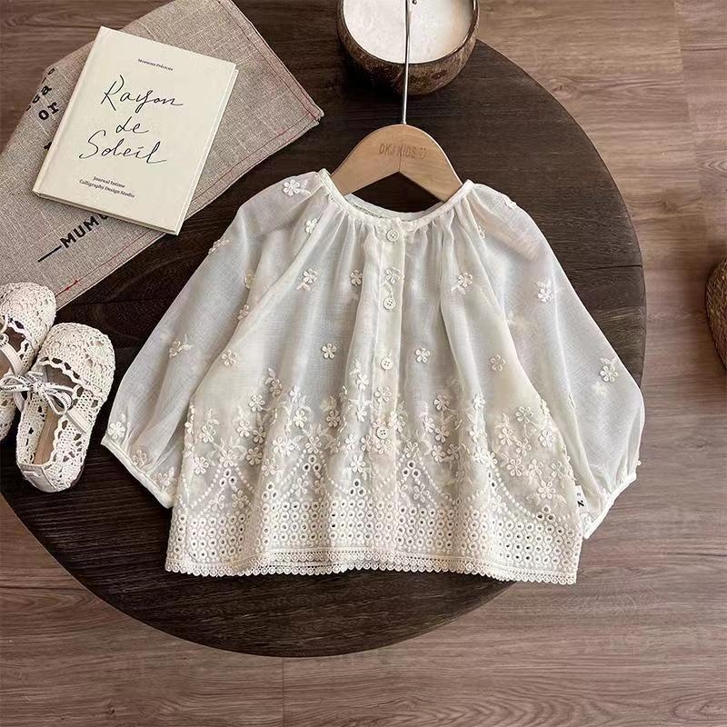 Tüdrukute suvine kardigan-jakk, Korea stiilis, puuvillane pitsiõmblusega lillemotiiviga, pikad varrukad, ümmargune kaelus, ühe nupu sulgemine, 3–8-aastastele