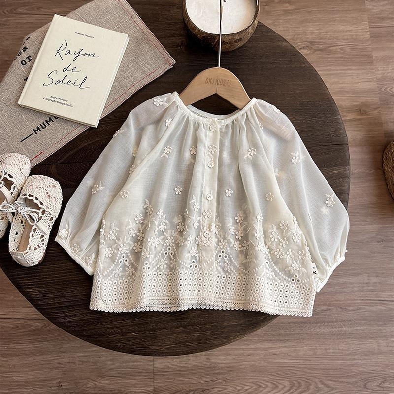 Tüdrukute suvine kardigan-jakk, Korea stiilis, puuvillane pitsiõmblusega lillemotiiviga, pikad varrukad, ümmargune kaelus, ühe nupu sulgemine, 3–8-aastastele