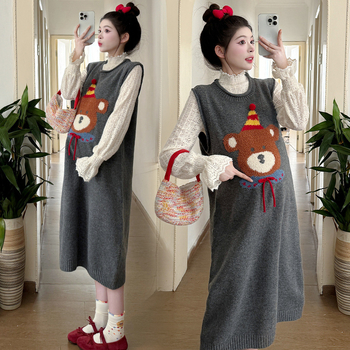 Rasedate sügis-talvise kaheosaline komplekt: Korea stiilis pitsiline top koos karikatüriga kudumvest ja midi seelik, pikad käed, värske magus stiil, viskoos 30–50%
