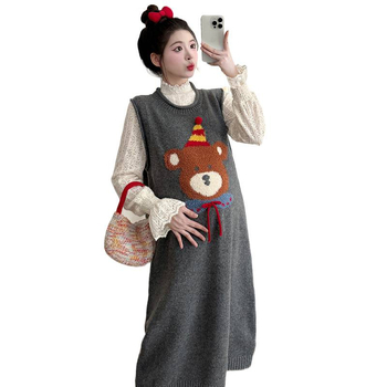 Rasedate sügis-talvise kaheosaline komplekt: Korea stiilis pitsiline top koos karikatüriga kudumvest ja midi seelik, pikad käed, värske magus stiil, viskoos 30–50%