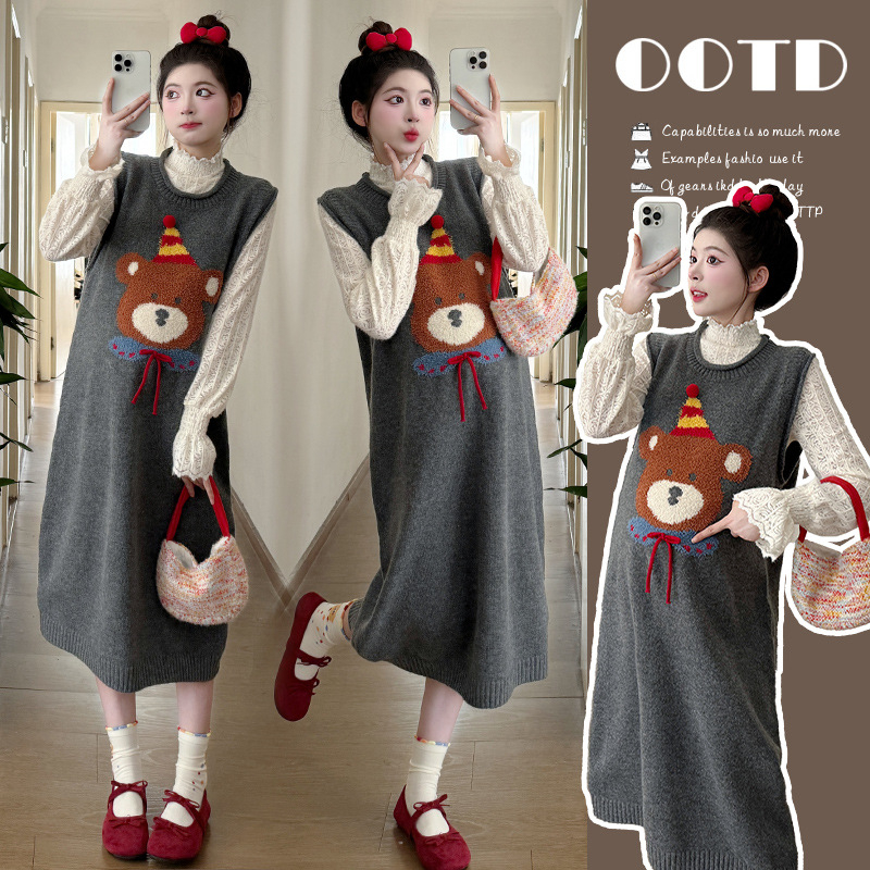 Rasedate sügis-talvise kaheosaline komplekt: Korea stiilis pitsiline top koos karikatüriga kudumvest ja midi seelik, pikad käed, värske magus stiil, viskoos 30–50%