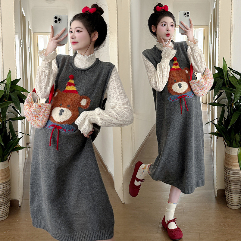 Rasedate sügis-talvise kaheosaline komplekt: Korea stiilis pitsiline top koos karikatüriga kudumvest ja midi seelik, pikad käed, värske magus stiil, viskoos 30–50%