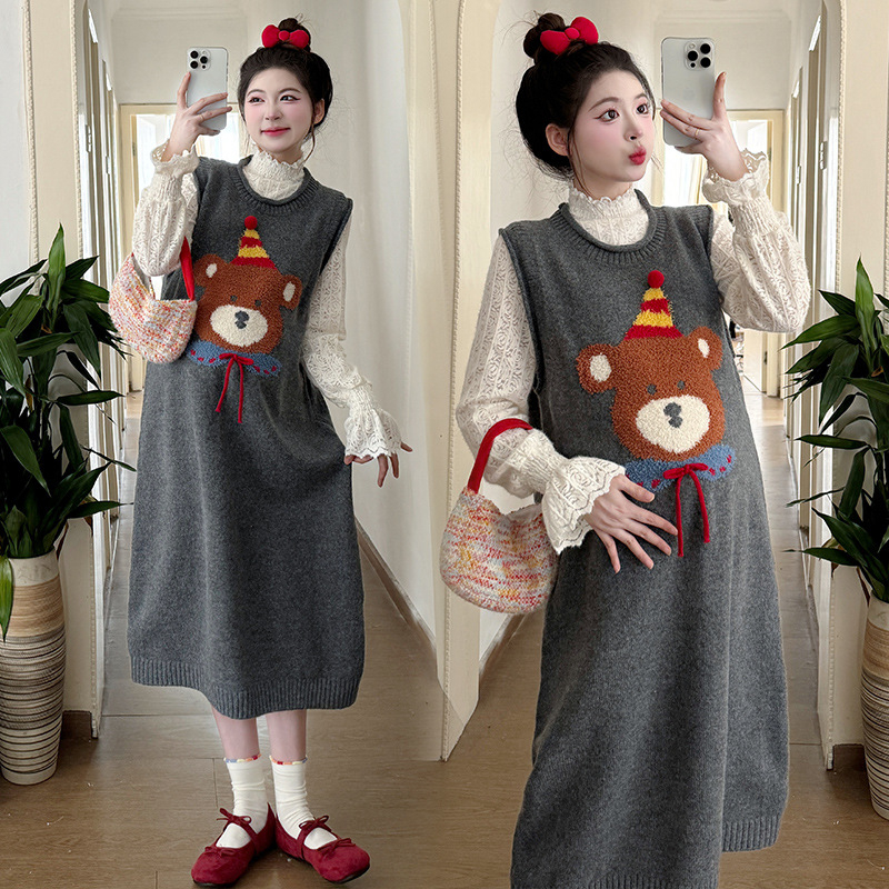 Rasedate sügis-talvise kaheosaline komplekt: Korea stiilis pitsiline top koos karikatüriga kudumvest ja midi seelik, pikad käed, värske magus stiil, viskoos 30–50%