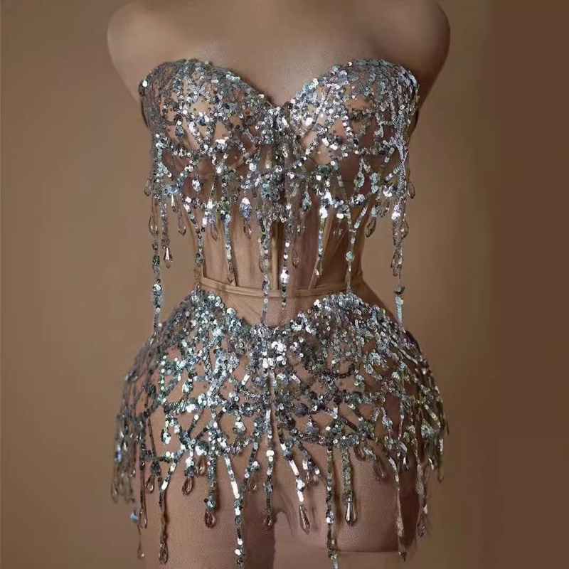 Tube Top set s kristalnim šljokicama na prozirnom tylu za pjevačicu Go-Go – uobičajena scenska odjeća (TT; Materijal: Spandeks; Glavni materijal: koža koze)