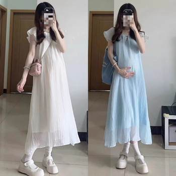 Rasedate suvekleit nööriga talje ümber, lotose lehe kaelus, petal-säärmed, vaba lõige, keskjooneline ebakorrapärane seelik akrüülli