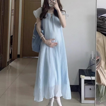 Rasedate suvekleit nööriga talje ümber, lotose lehe kaelus, petal-säärmed, vaba lõige, keskjooneline ebakorrapärane seelik akrüülli