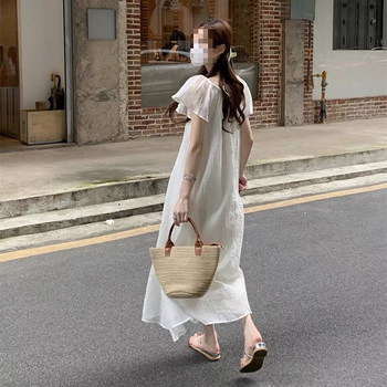 Rasedate suvekleit nööriga talje ümber, lotose lehe kaelus, petal-säärmed, vaba lõige, keskjooneline ebakorrapärane seelik akrüülli