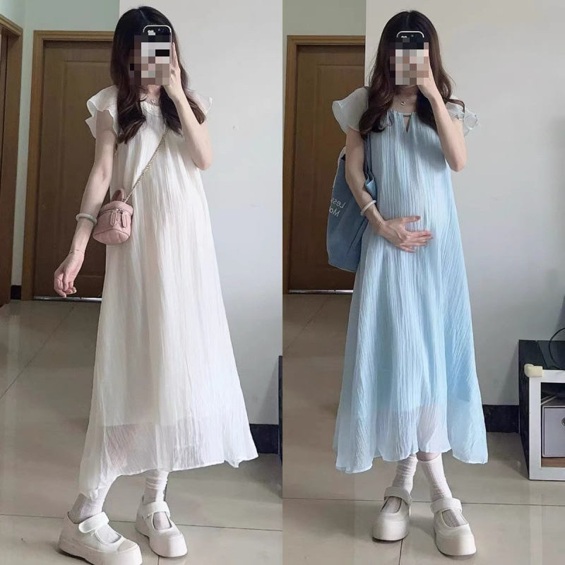 Rasedate suvekleit nööriga talje ümber, lotose lehe kaelus, petal-säärmed, vaba lõige, keskjooneline ebakorrapärane seelik akrüülli