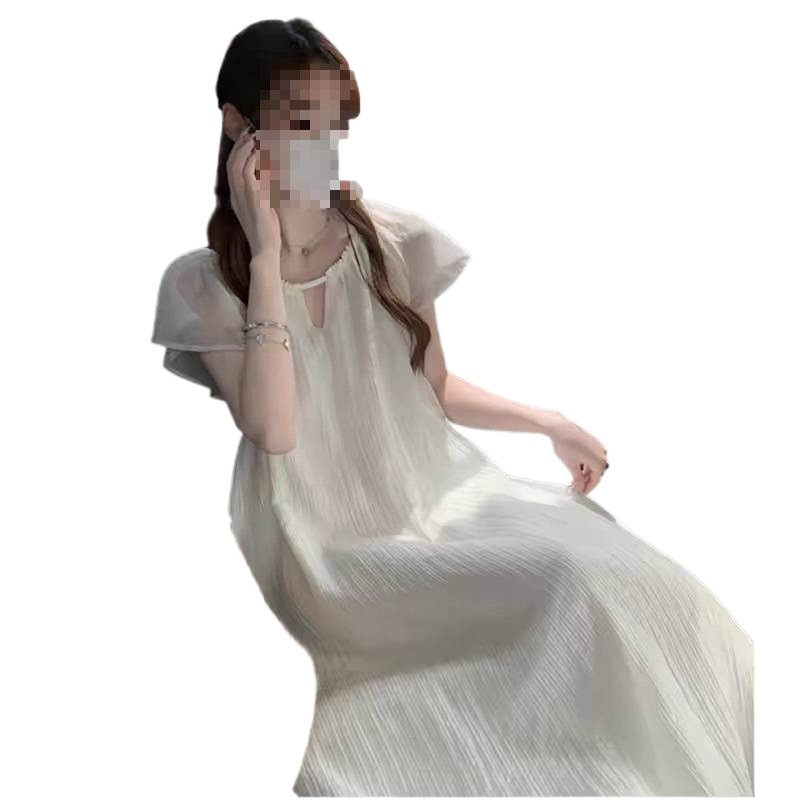 Rasedate suvekleit nööriga talje ümber, lotose lehe kaelus, petal-säärmed, vaba lõige, keskjooneline ebakorrapärane seelik akrüülli