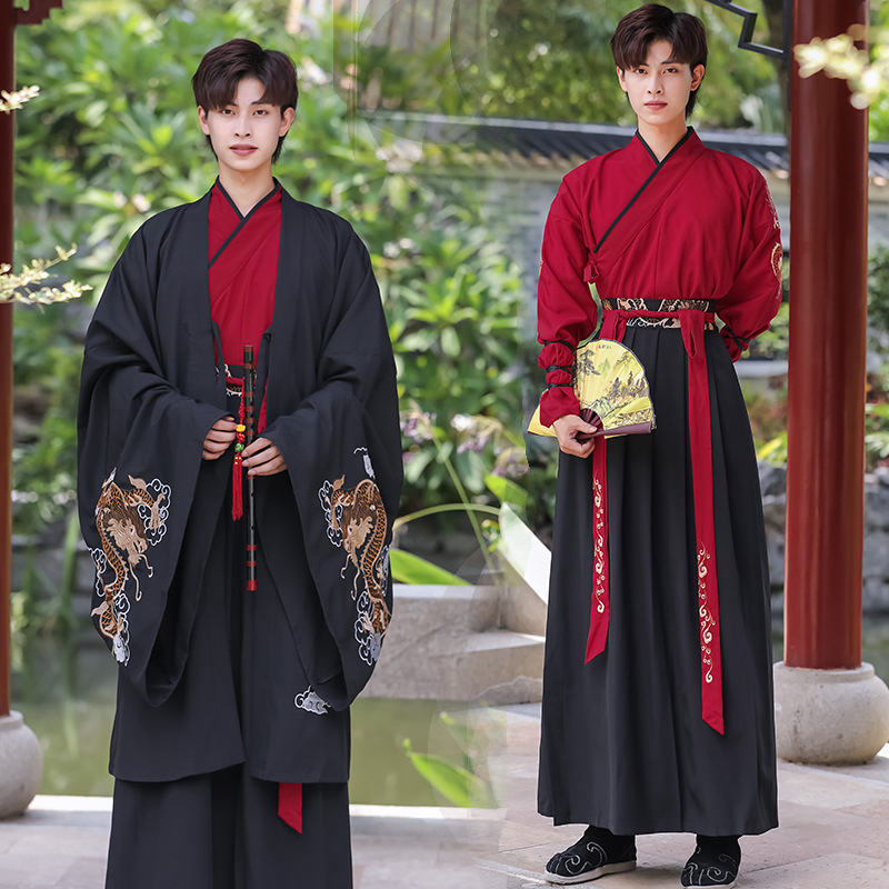 Hanfu draakonimustriga ja suurte varrukatega, puuvillane kangas, meestele 18–24, kõigile aastaajale